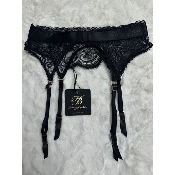 Honey Birdette SOFIA🖤 Black Lace FULL 3 Piece Set 32DD Bra, XS Garter, XS Thong - Picture 6 of 9